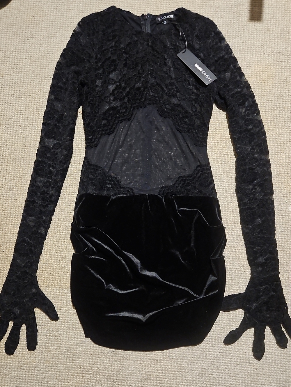 Fashion Nova Black Lace & Velvet Long-Sleeve Mini Dress
